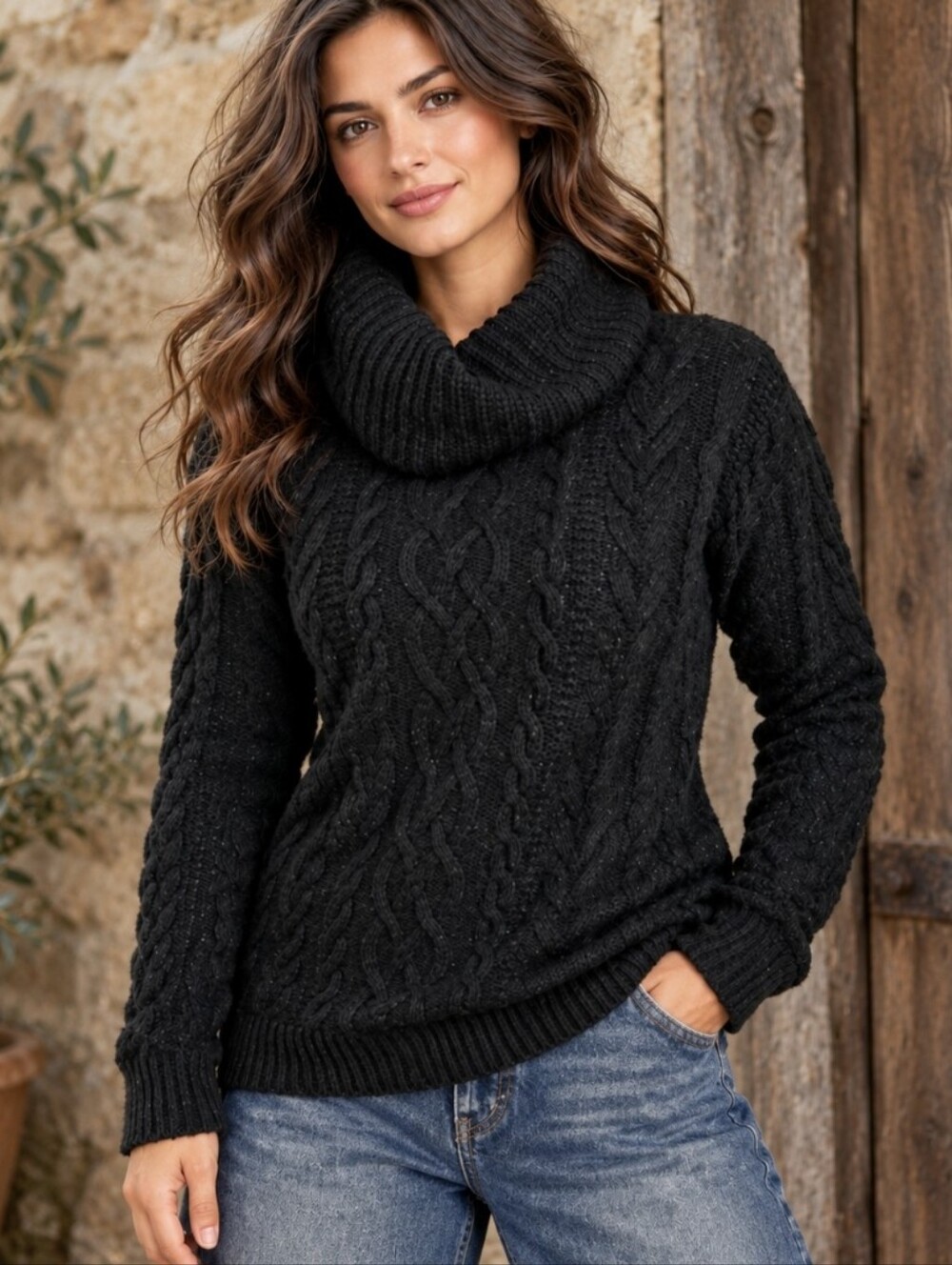 Lauren Ralph Lauren Cable-knit Sweater Black Cowl Neck Fisherman Women's Size XL